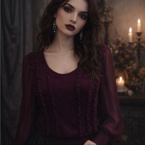 WHBM Dark Romantic Sheer Sleeve Burgundy Top